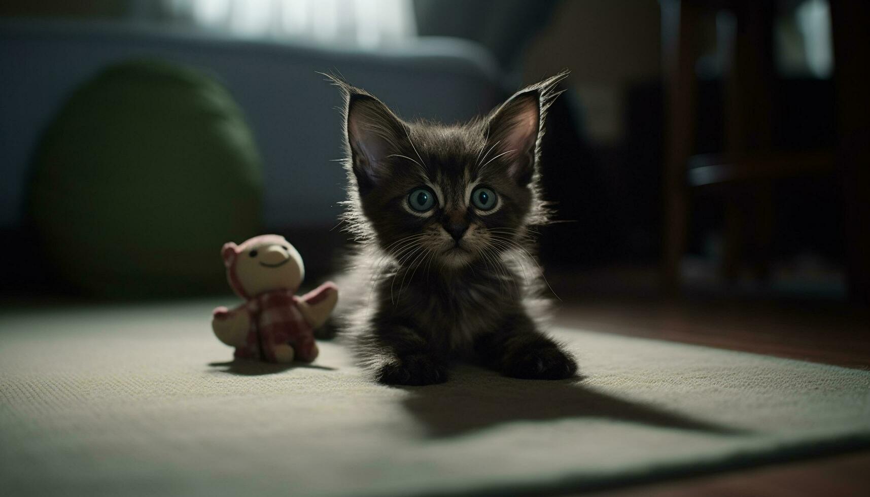 söt kattunge spelar med leksak, ser på kamera, mjuk päls genererad förbi ai foto
