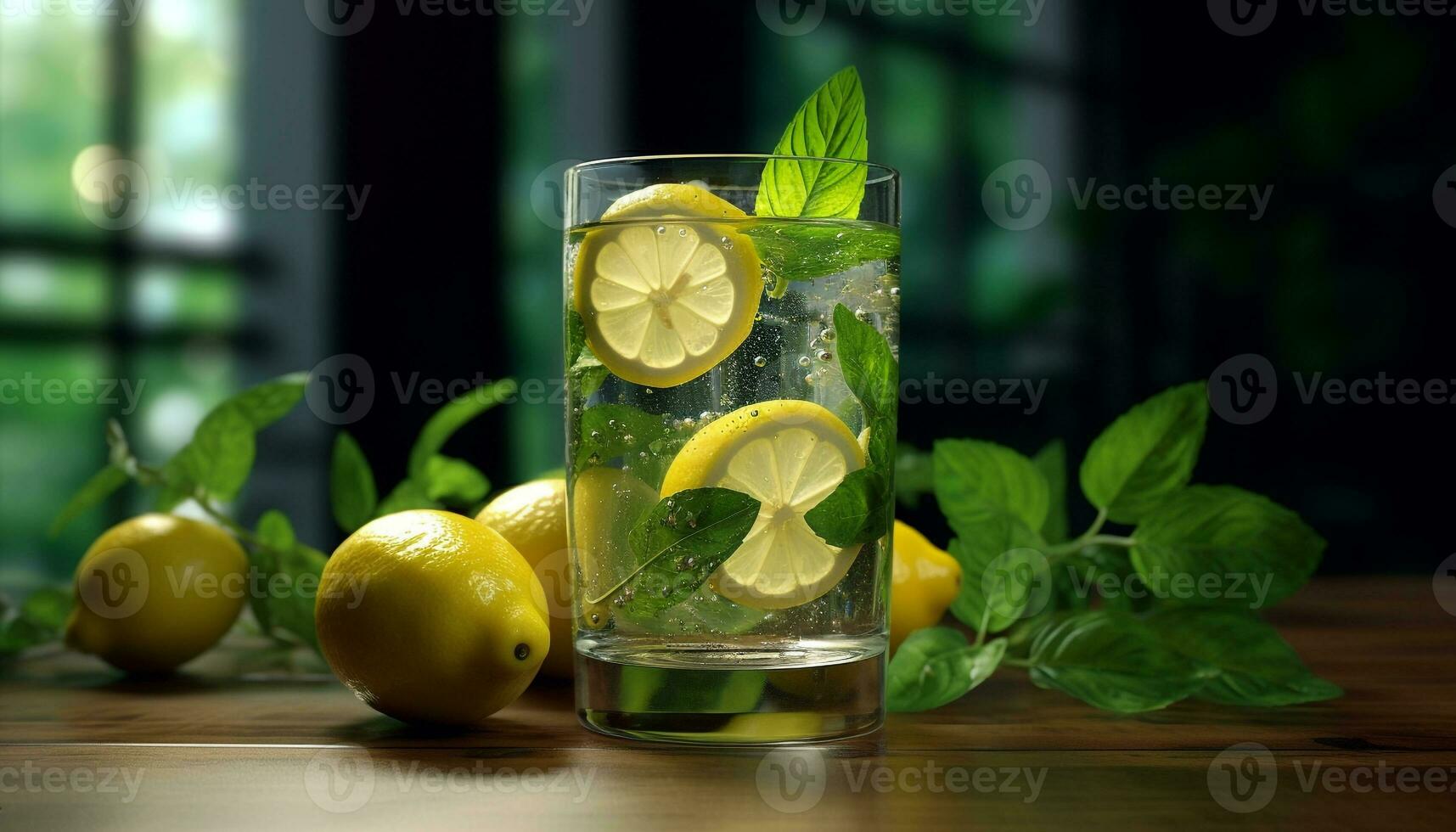 färsk citron- skiva på trä- tabell, sommar cocktail förfriskning genererad förbi ai foto