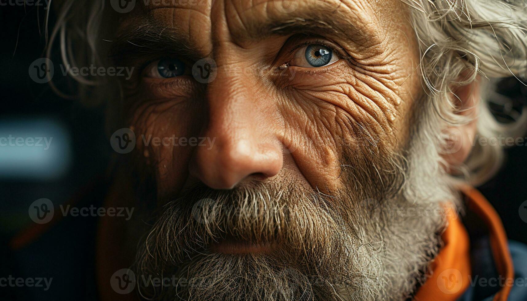 en klok, självsäker senior man med grå hår och skägg genererad förbi ai foto