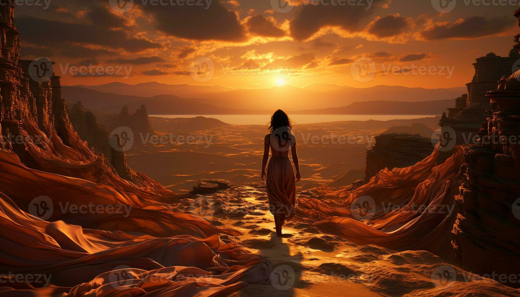 en kvinna står på en klippa, beundrande de solnedgång skönhet genererad förbi ai foto