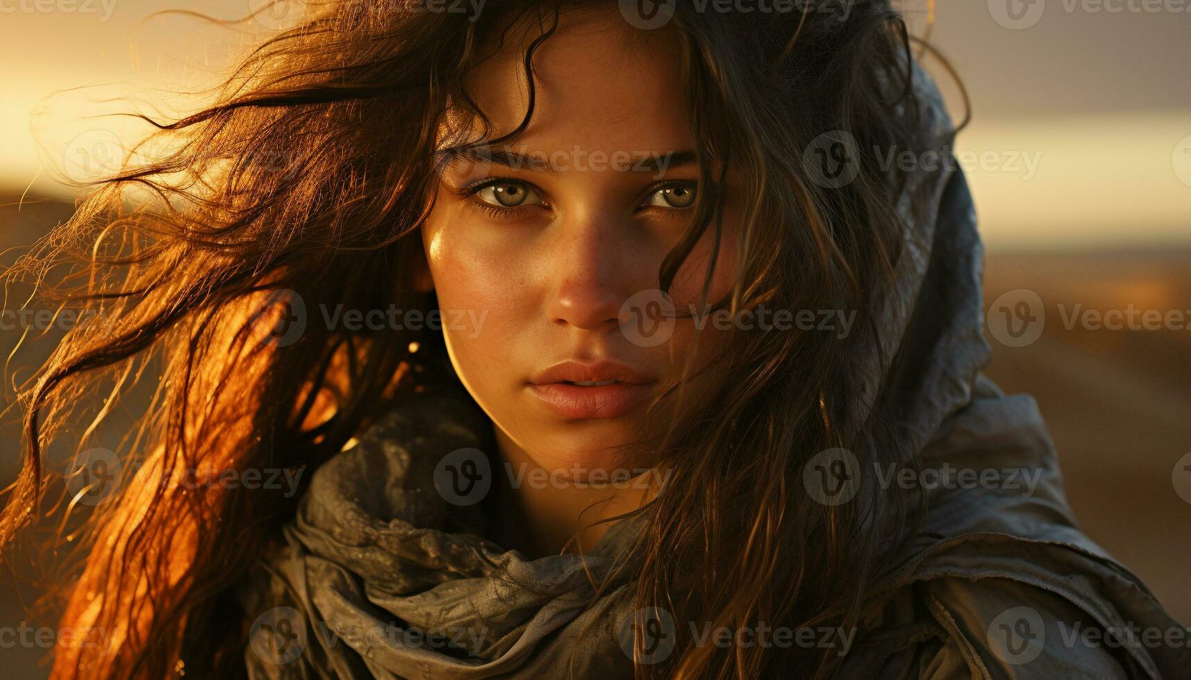 ung kvinna med lång brun hår leende, ser på kamera utomhus genererad förbi ai foto