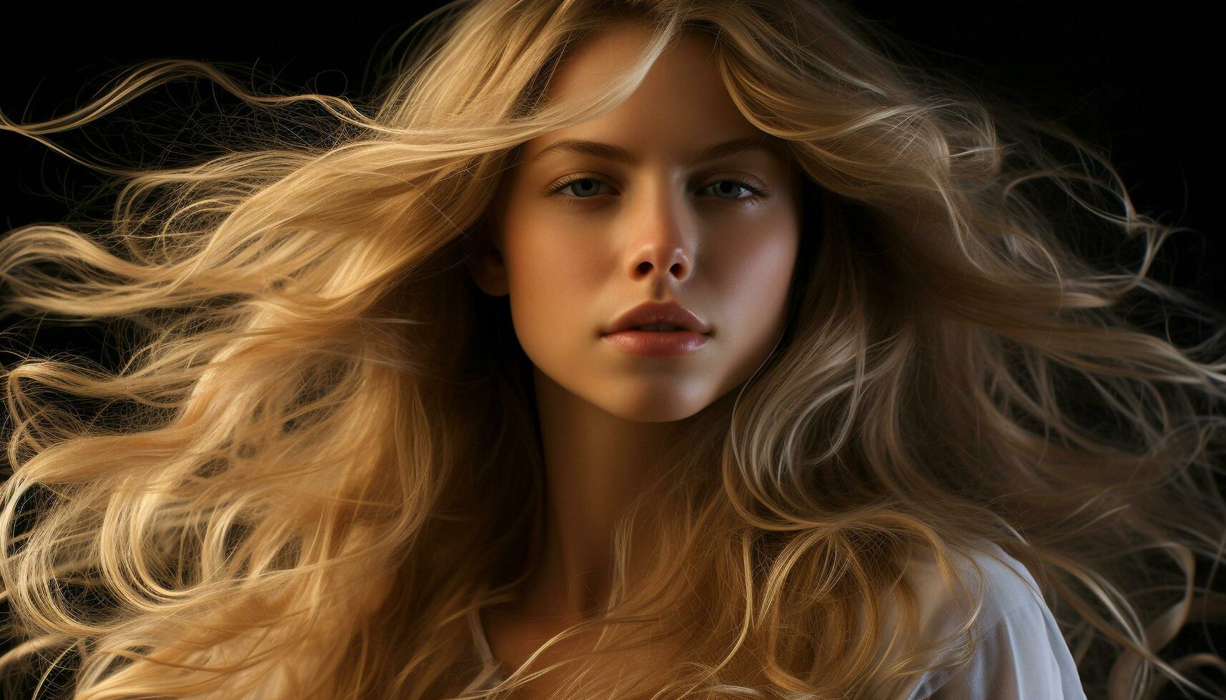 en skön ung kvinna med lång blond hår och elegans genererad förbi ai foto