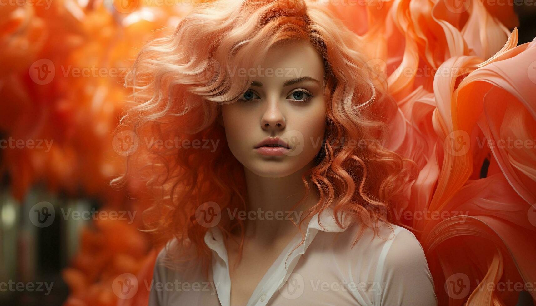 en skön ung kvinna med blond hår och lockigt elegans genererad förbi ai foto