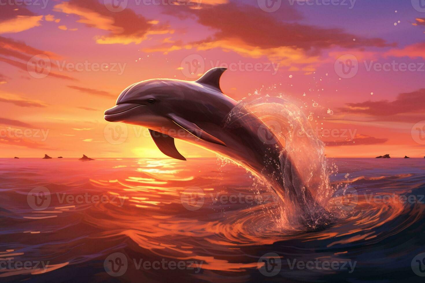 delfin Hoppar ut av de vatten på sunset.ai generativ foto