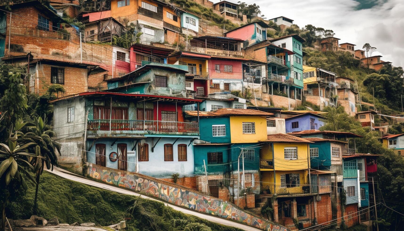 vibrerande färger smycka fattigdom drabbade karibiska slum hyddor genererad förbi ai foto