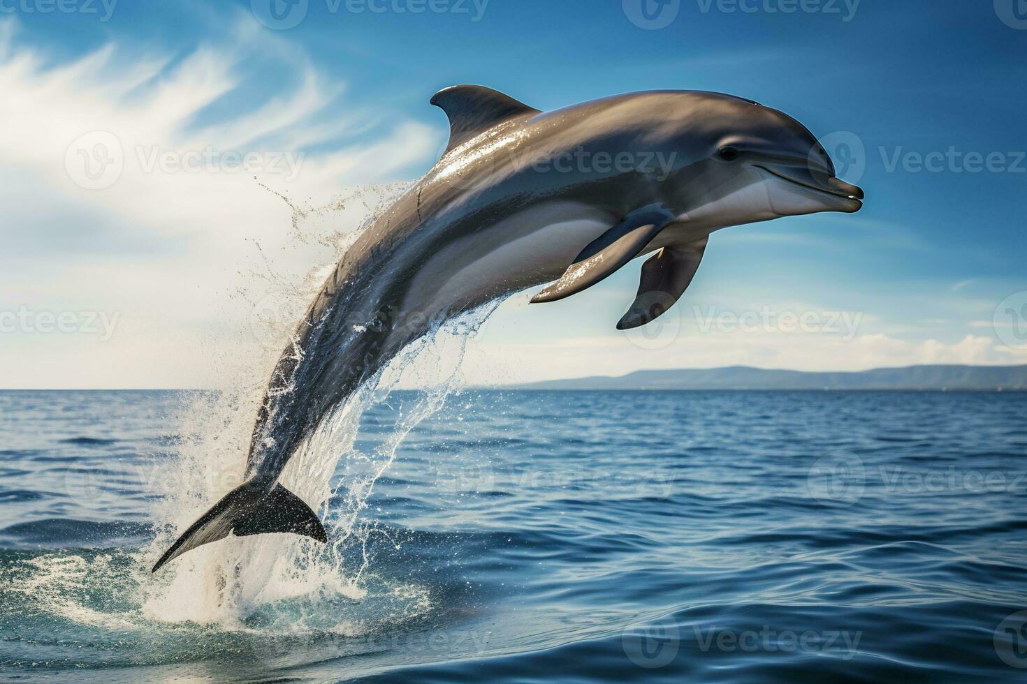 delfin Hoppar ut av de vatten på sunset.ai generativ foto