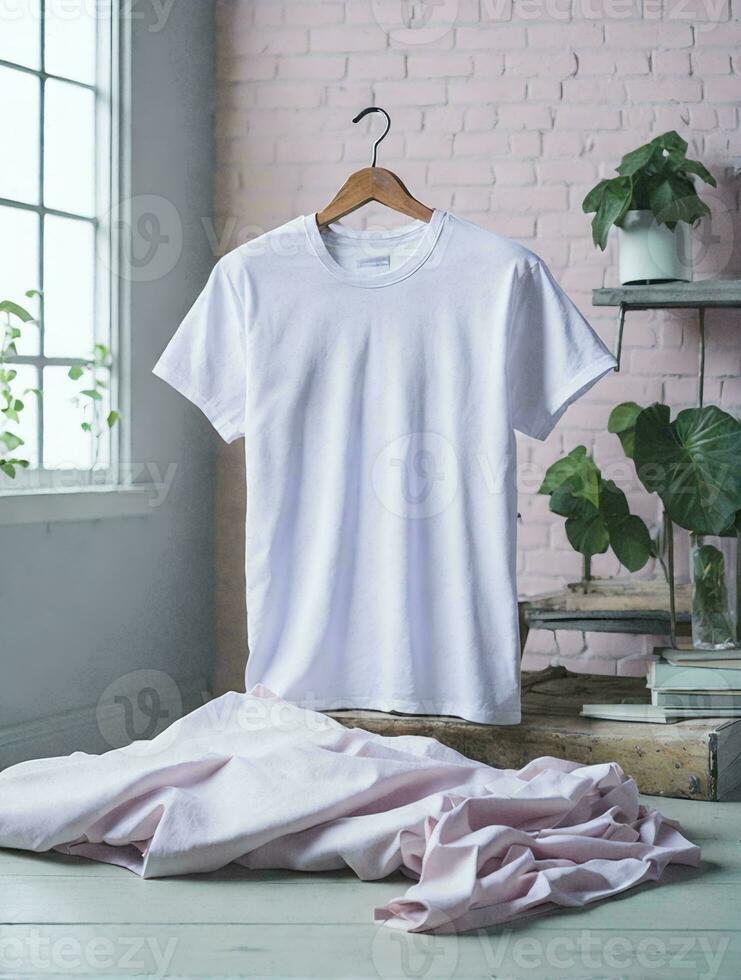 en stängd skott av en enkel vit t-shirt mock-up. ai generativ foto