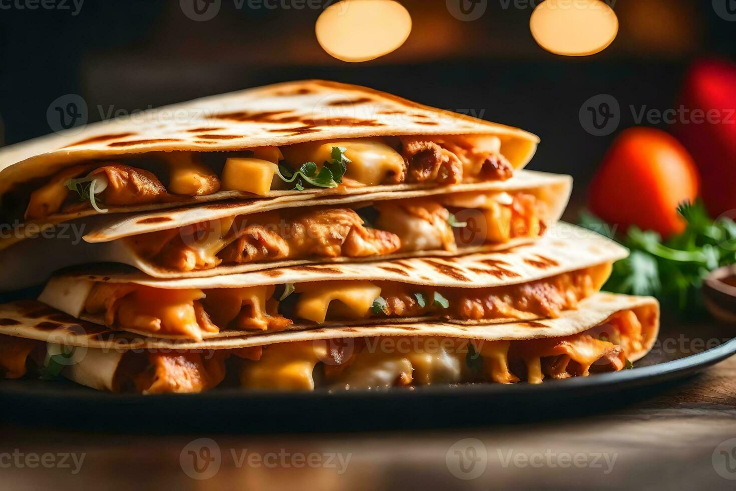 stänga upp skott av en utsökt kyckling quesadilla, med en Söt suddig bakgrund ai genererad foto