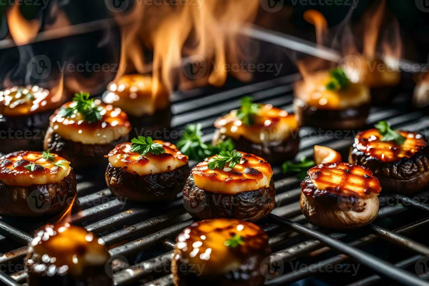makro är en sätt av matlagning den där fokuserar på skapande utsökt bbq fylld svamp de mat är varelse kokta på en grill med brand i de bakgrund ai genererad foto