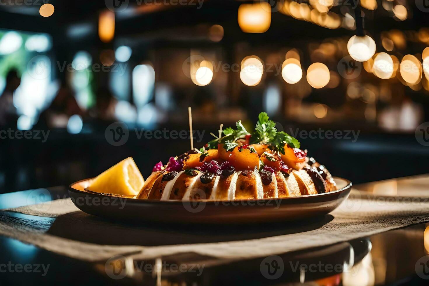 ta en stänga se på capirotada, en utsökt maträtt, med en härlig restaurang inte långt bort ai genererad foto