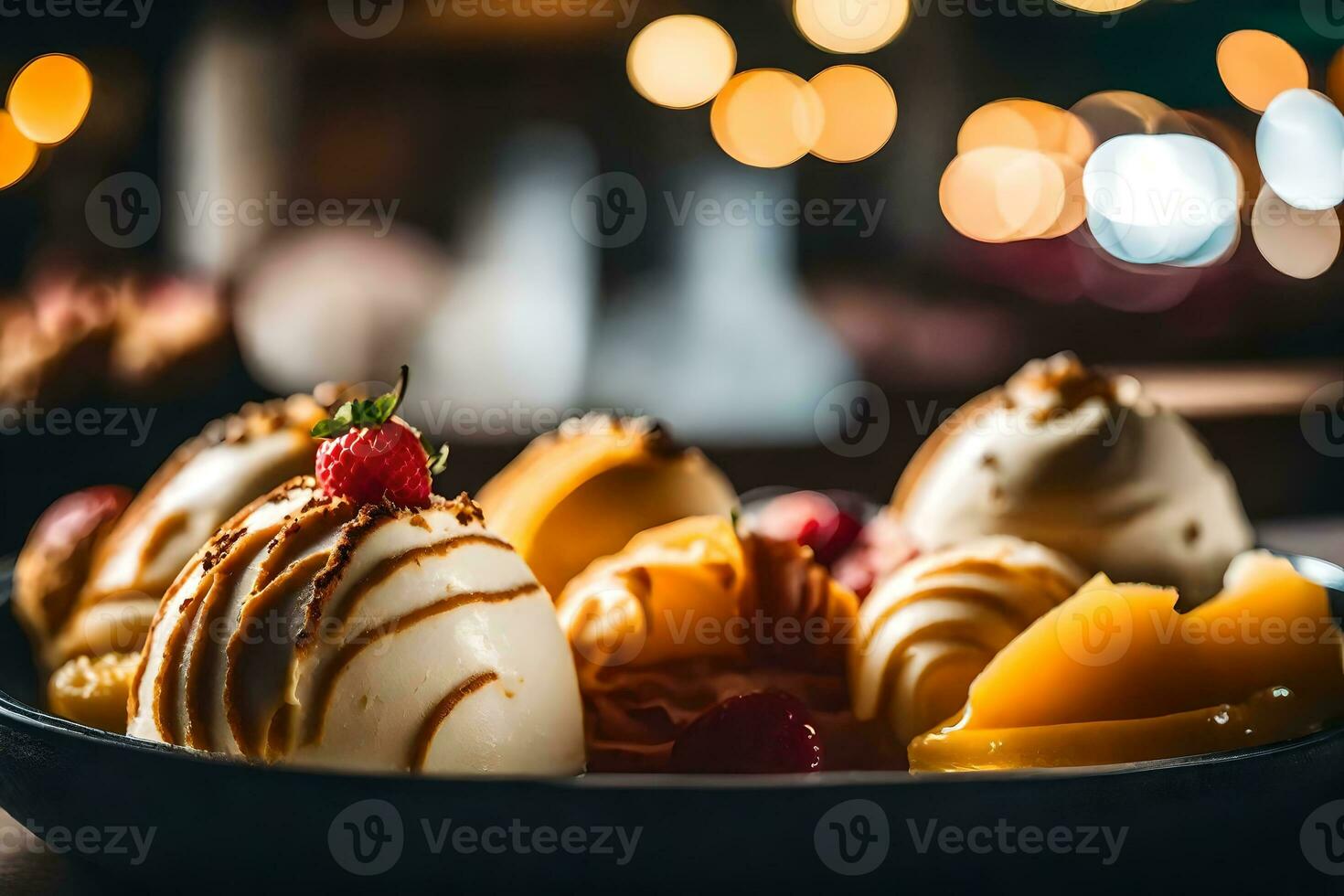 se nära på de gelato, med en trevlig restaurang i de bakgrund ai genererad foto