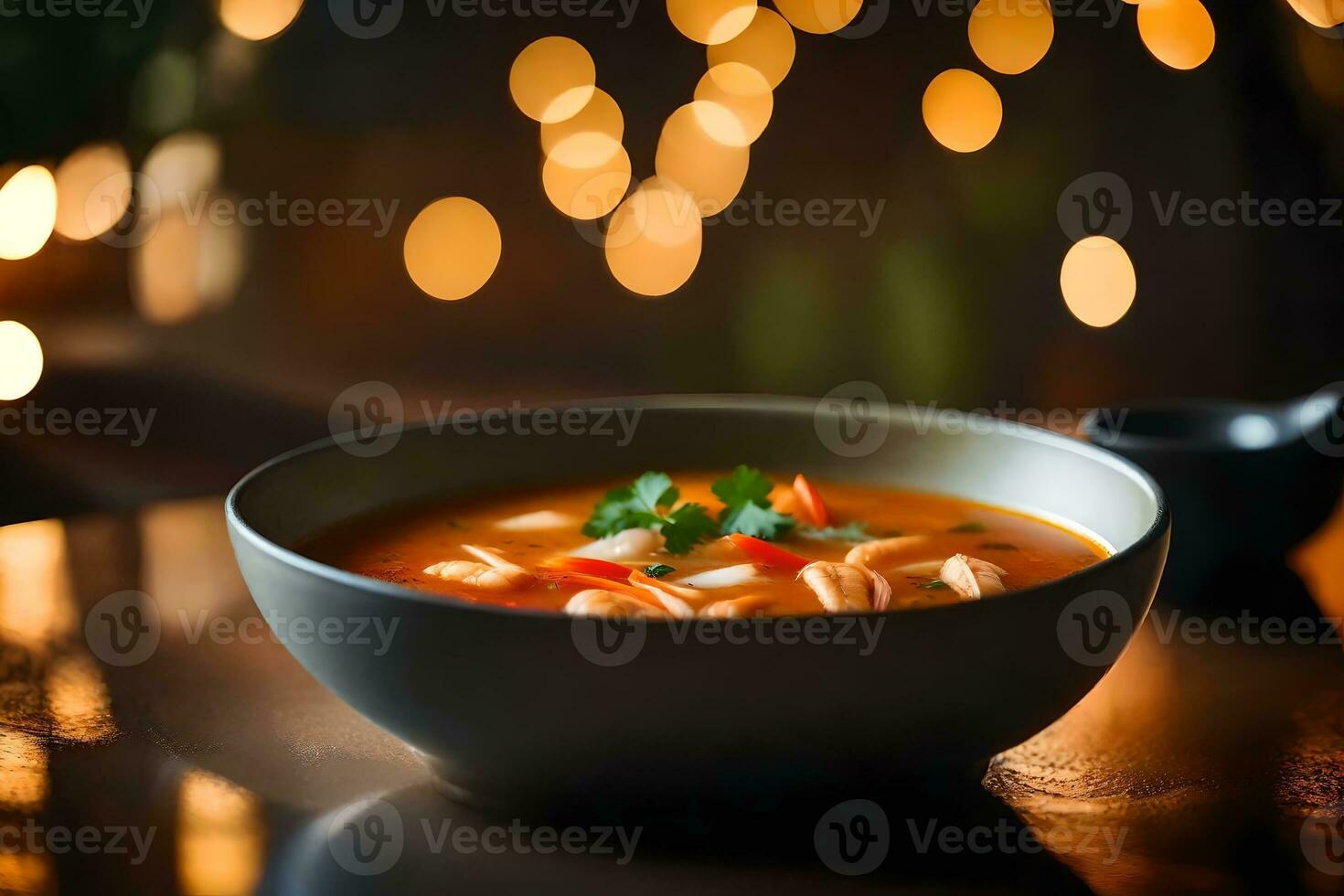 se nära på en gott skål av tom yum soppa, med en Söt suddigt bakgrund ai genererad foto