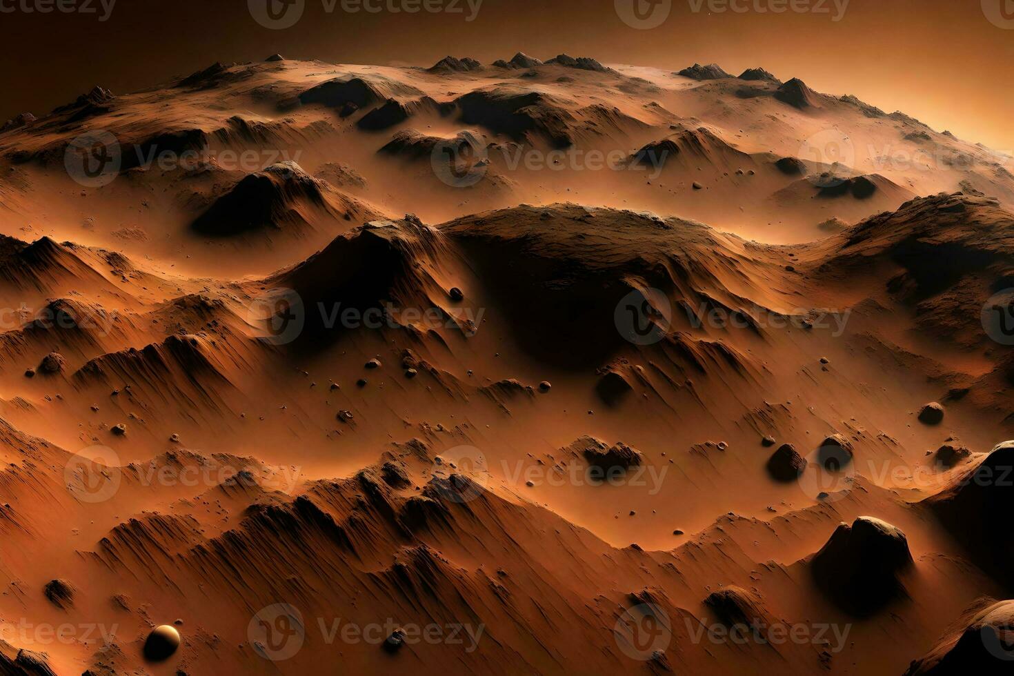 från de planet mars, du kan ser en avlägsen se av landa den där har kullar och mycket djup dalar detta kan vara sett i en specifika del av fördärvar känd som de tharsis område ai genererad foto