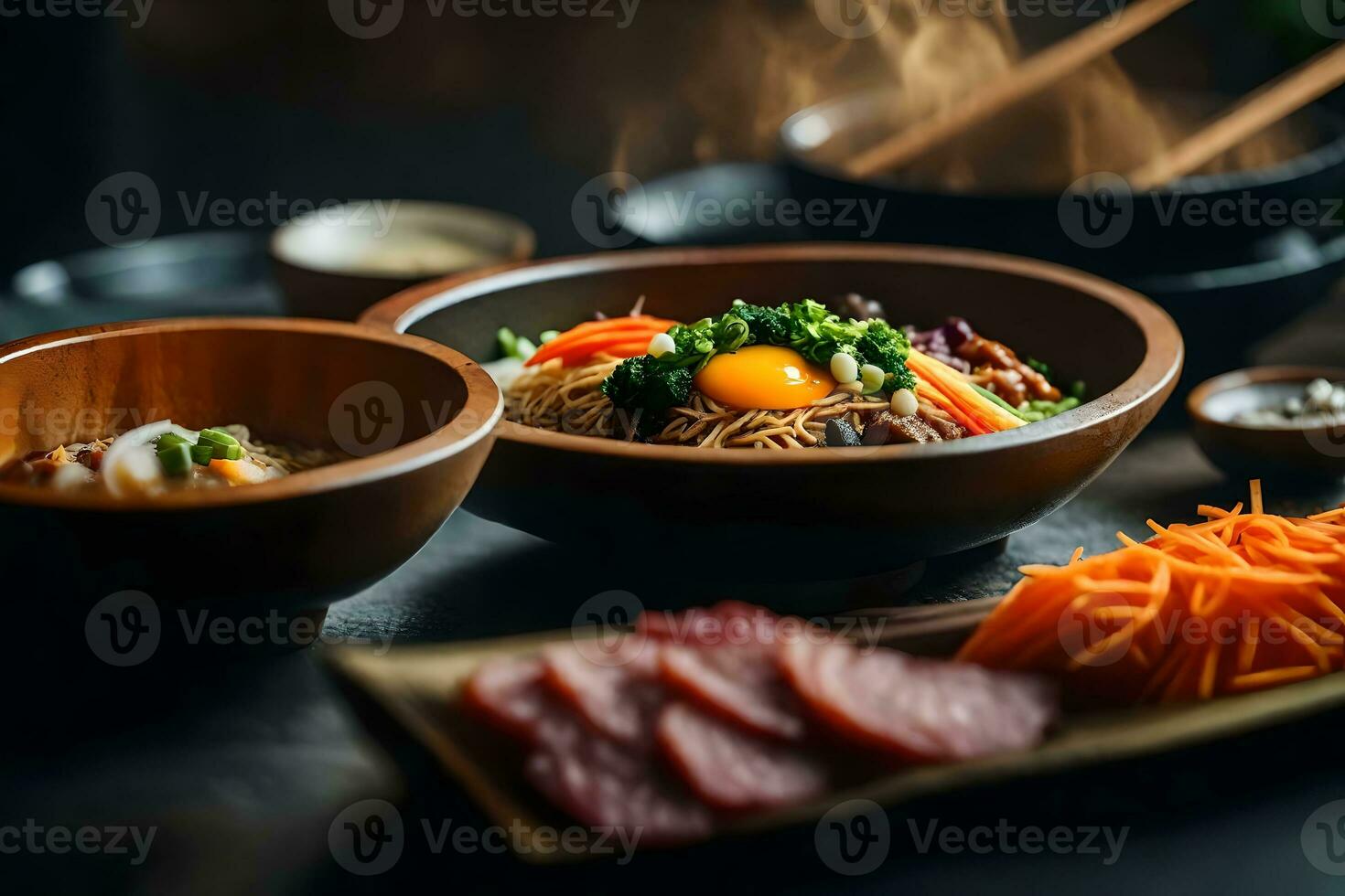 de kamera är få närmare till bibimbap, en utsökt och väl känd koreanska mat ibland, den kan vara hård till känna till Vad är happening Bakom något ai genererad foto