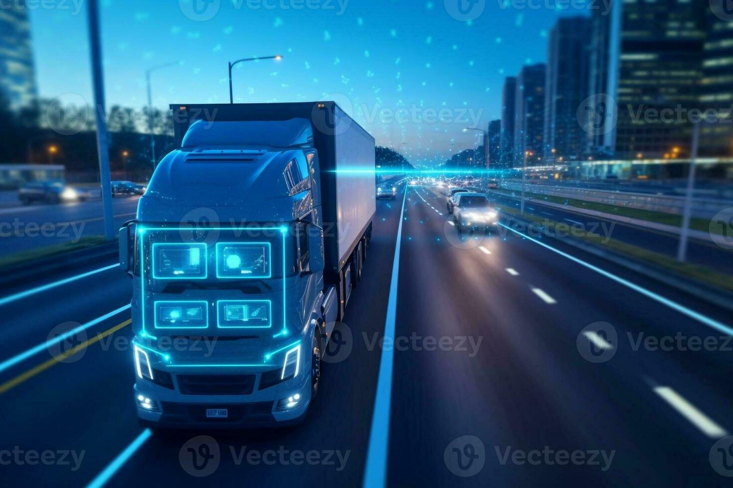 europeisk lastbil fordon på motorväg med dramatisk solnedgång ljus. frakt transport och tillförsel tema. generativ ai foto