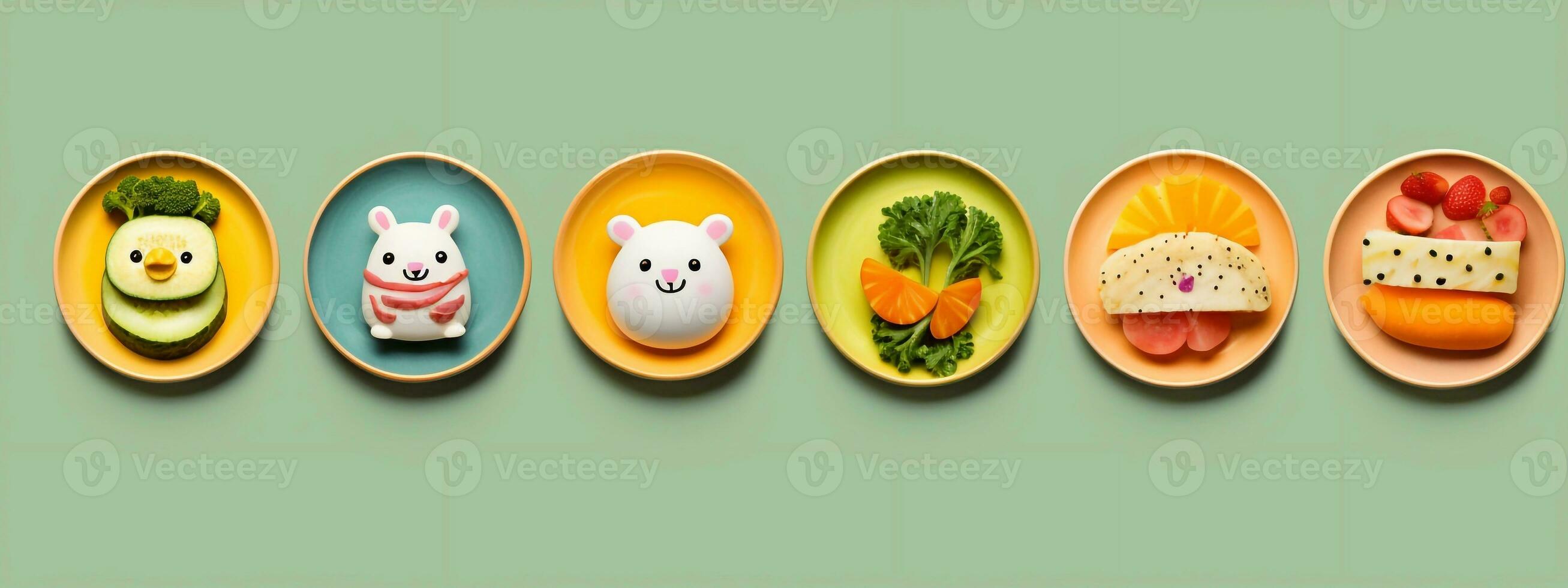 friska mat ikoner i skålar på grön bakgrund. vektor illustration. generativ ai foto