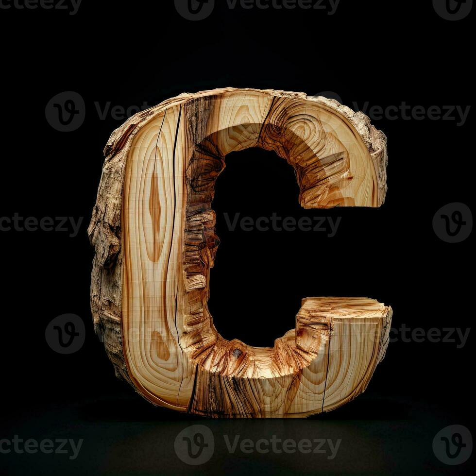 trä- brev c. trä font tillverkad av pinnar, bark och trä. skog typografisk symbol. foto