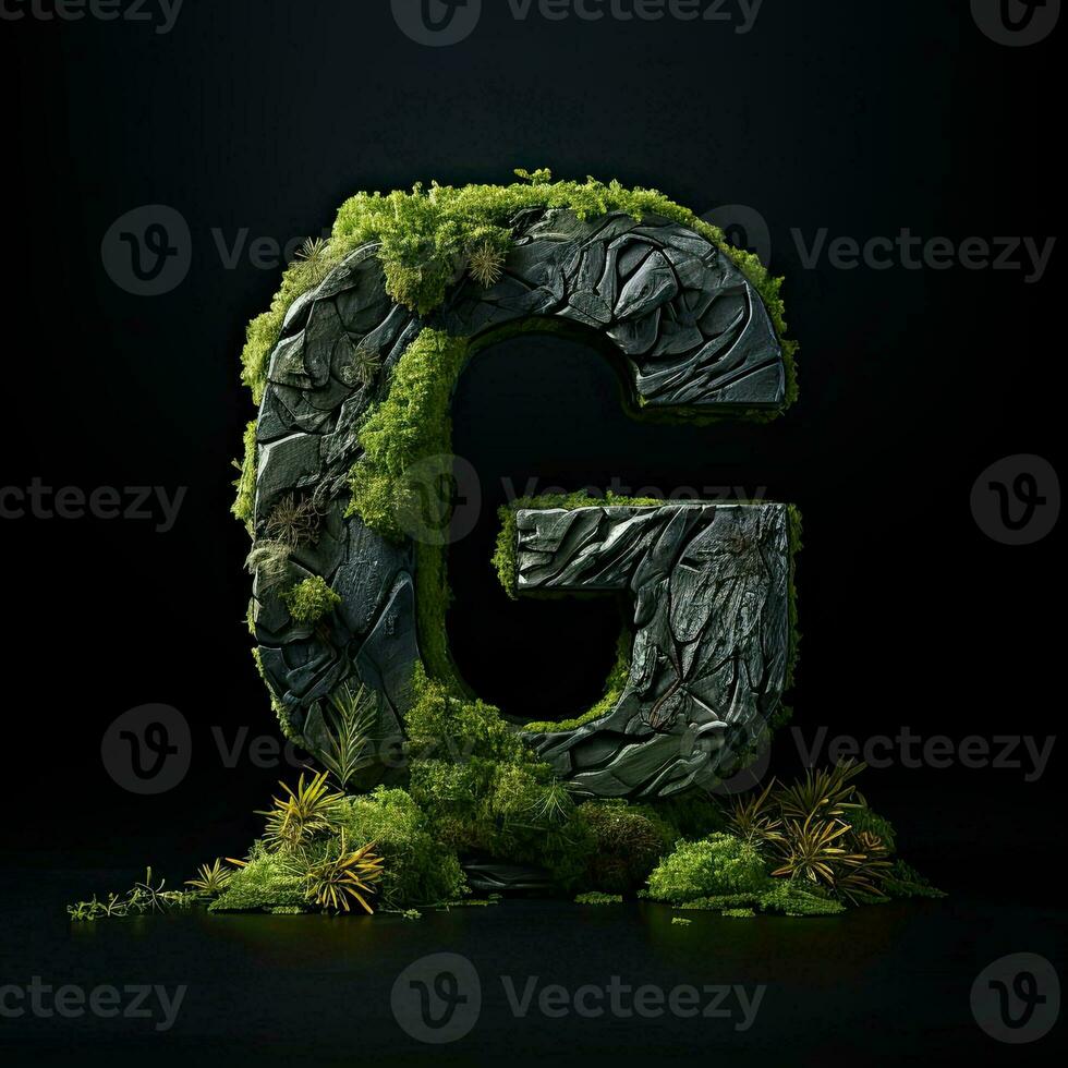 sten brev g. symbol av alfabet tillverkad av stark fast granit, stenar och skräp. typografisk font genererad förbi ai foto