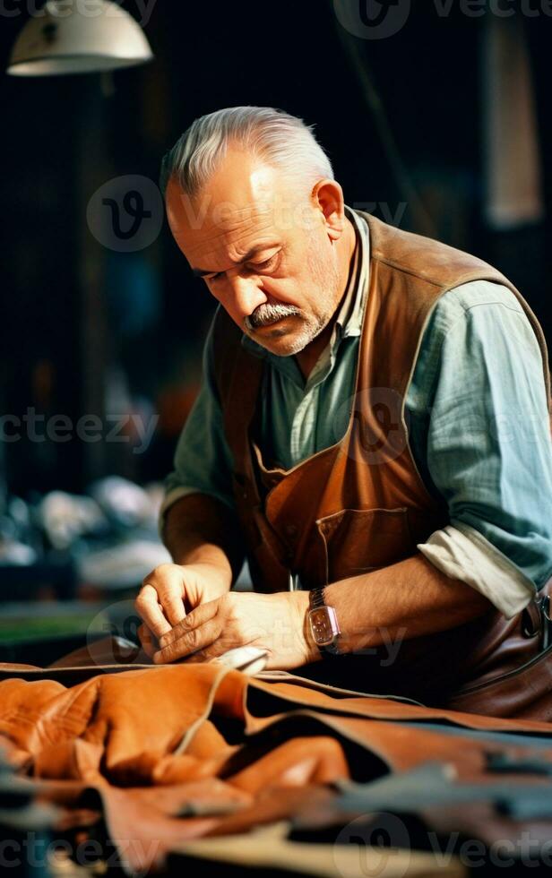hantverkare man arbetssätt med läder. närbild Foto som visar de bearbeta av framställning läder varor. ai generativ