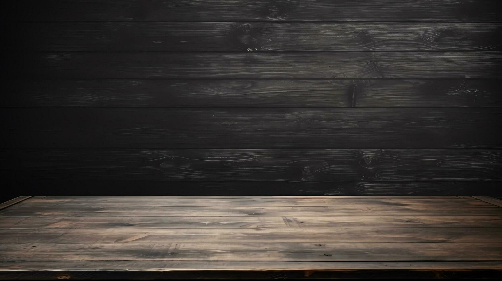 tom trä- bordsskiva på svart styrelse vägg bakgrund, attrapp och visa för produkt, baner stil,ai genererad foto
