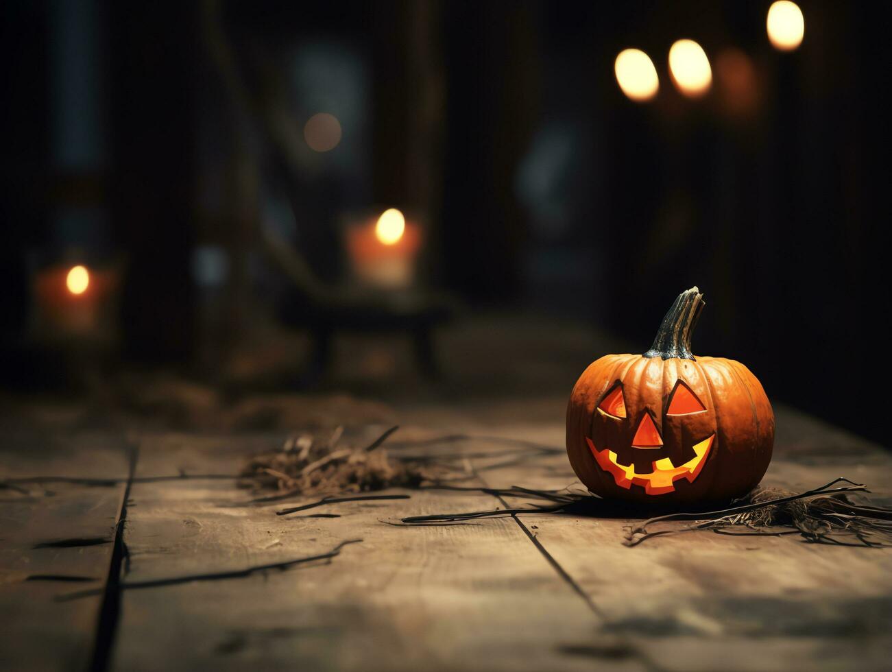 halloween dekorativ på trä- tabell topp med suddig natt ljus scen bakgrund,ai genererad foto