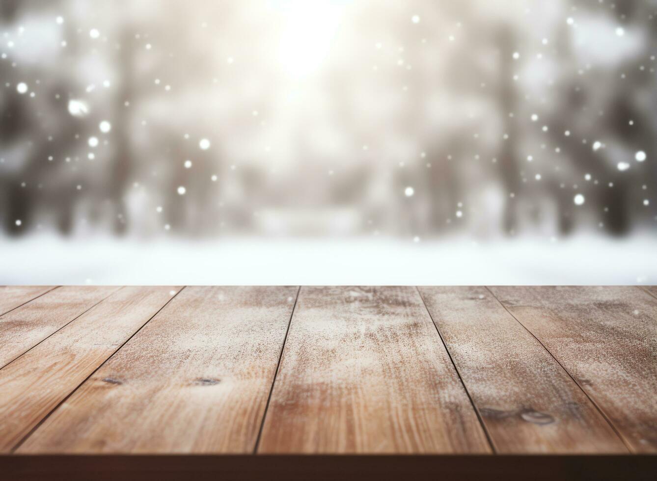 abstrakt tömma trä- tabell topp med kopia Plats över jul vinter- bokeh suddig ljus bakgrund, ai genererad foto