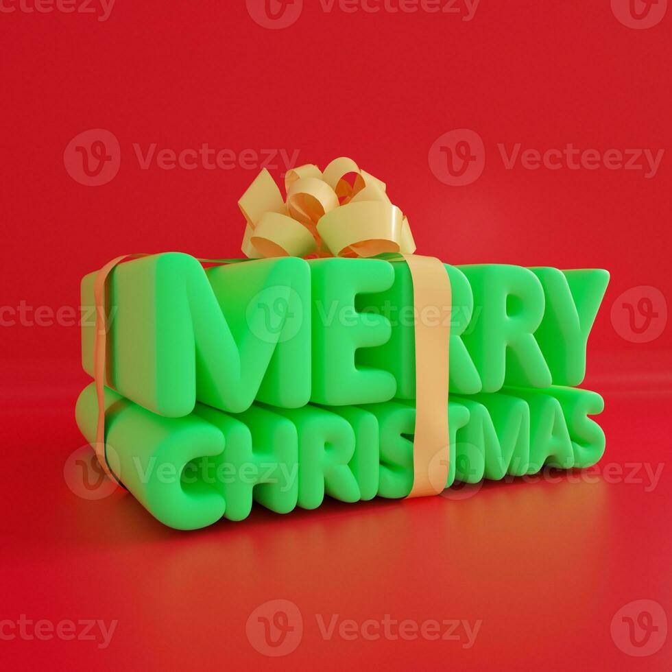 3d tolkning av glad jul text i de form av gåva låda. band insvept runt om grön text isolerat på röd bakgrund. foto