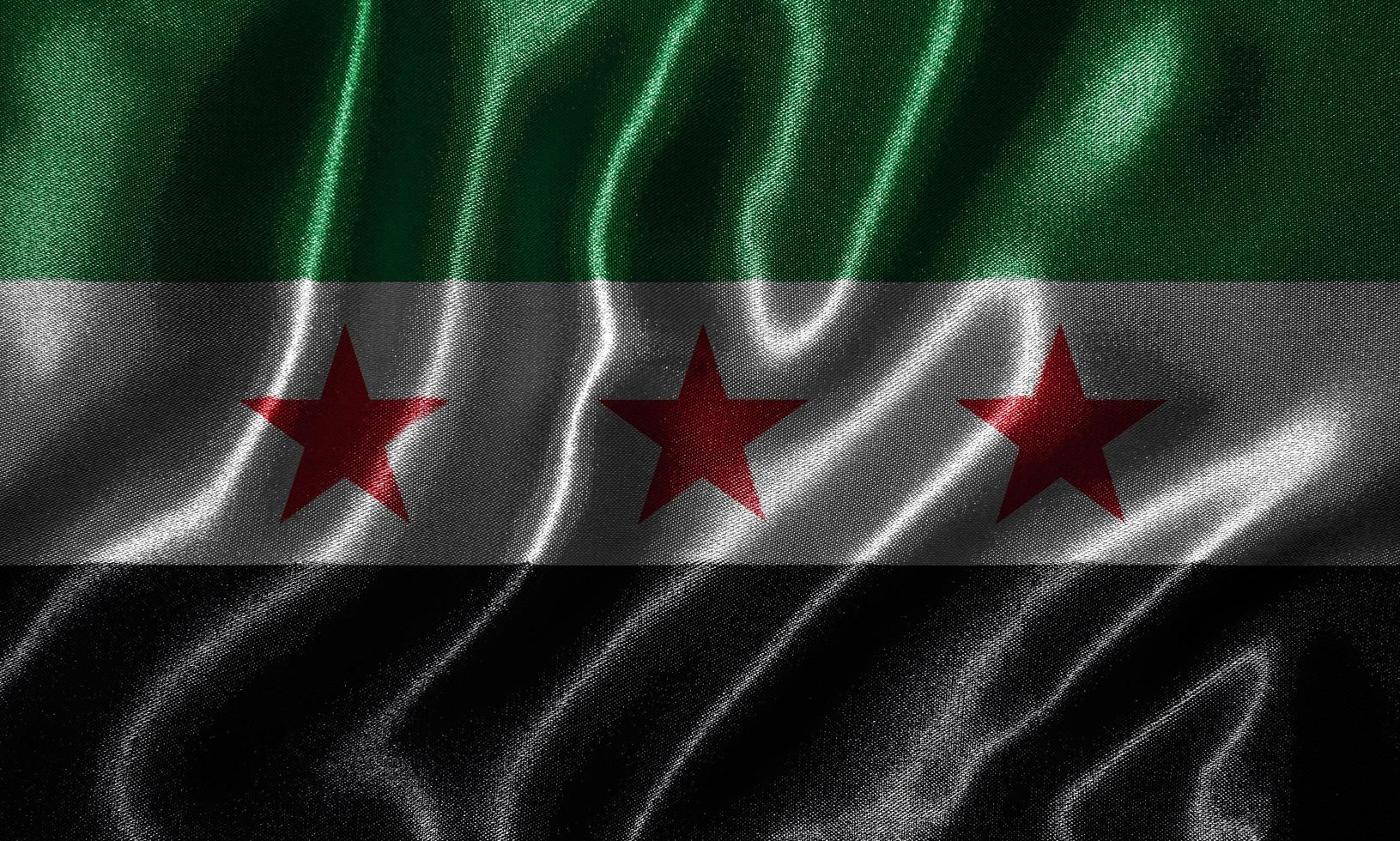 tapet av Syrien flagga och viftande flagga av tyg. foto