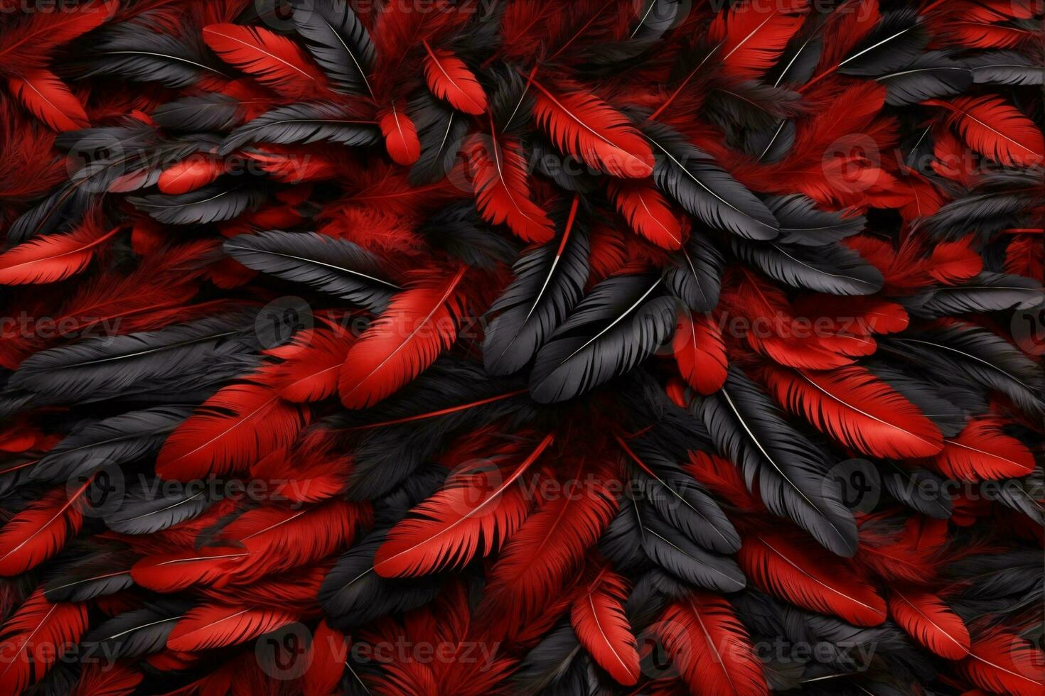röd och svart fjäder bakgrund, färgrik fjäder tapet, fjädrar bakgrund, fluffig fjäder textur, fjäder mönster, fjäder textur, päls textur, ai generativ foto