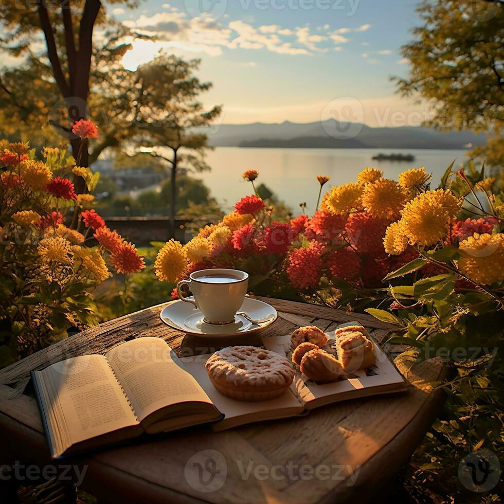 frukost tabell uppsättning under höst träd, utsikt sjö i japan. bukett av blommor, kopp av te, böcker smycka de tabell. reflexion av de bergen och träd i de sjö. generativ ai foto