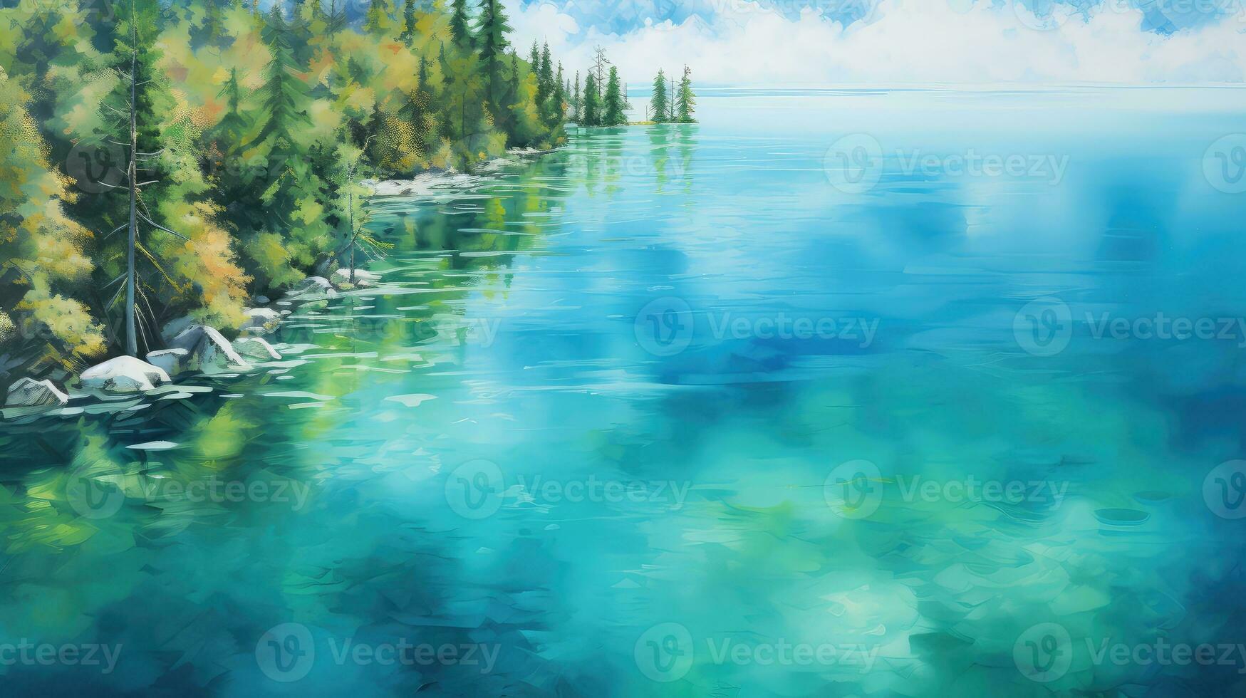 himmel blå sjö träd landskap ai genererad foto