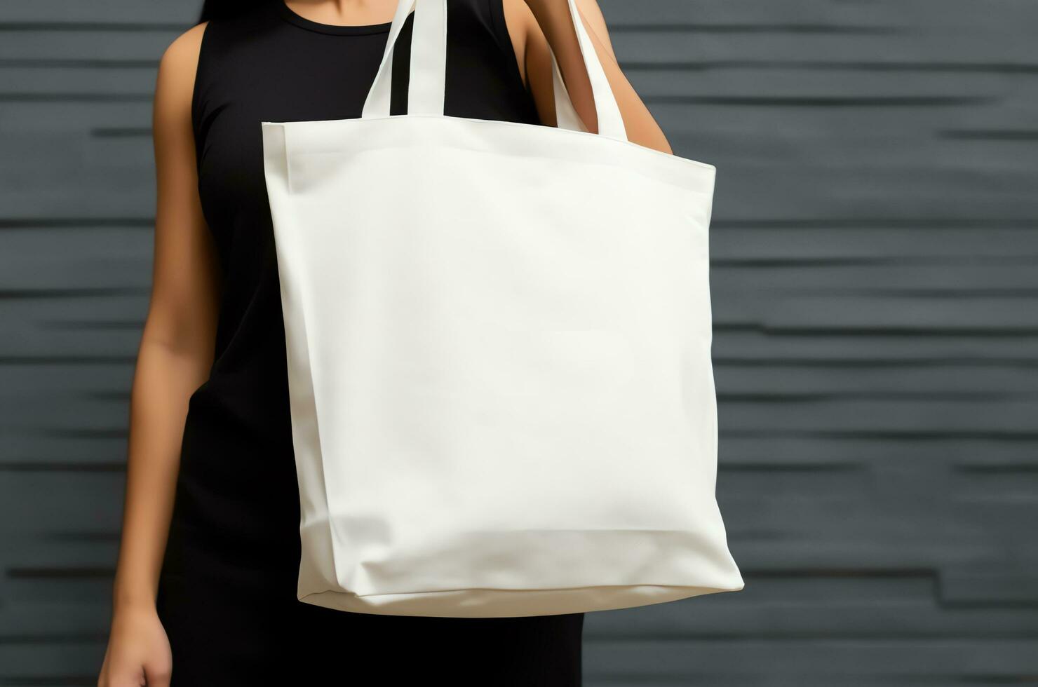 kvinna innehav tom tömma duk väska för handla, eco vänlig begrepp, ai genererad foto