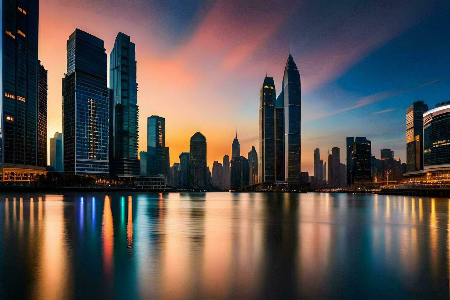 de stad horisont på solnedgång i dubai. ai-genererad foto