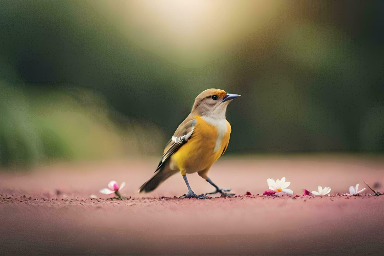 en små gul fågel stående på de jord med blommor. ai-genererad foto