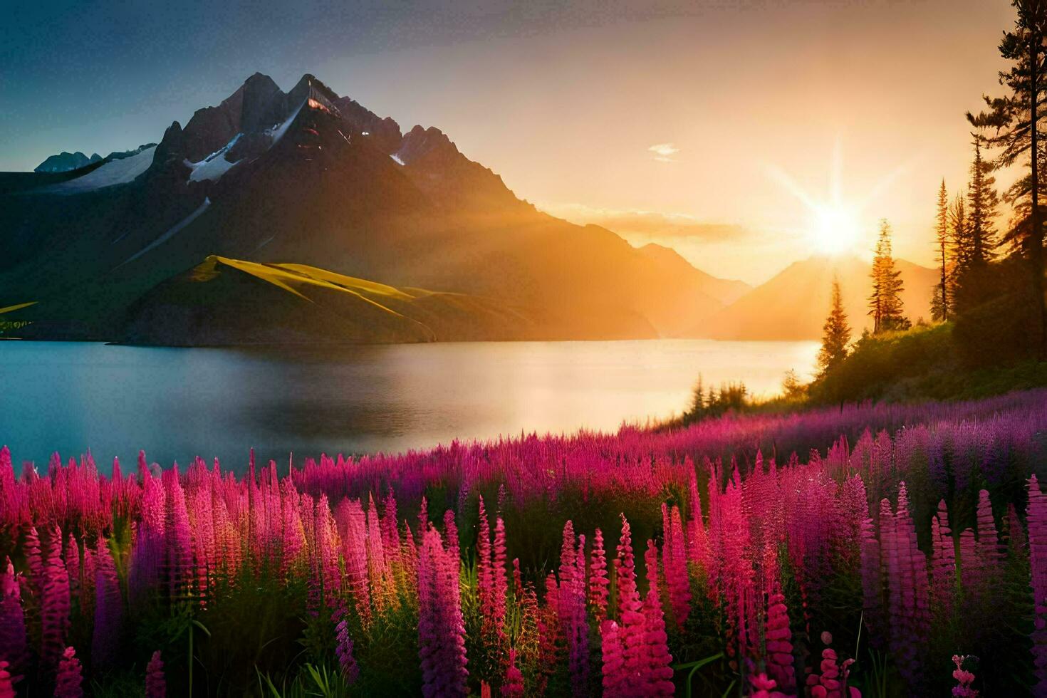 de Sol stiger över de bergen och de lupin blommor. ai-genererad foto