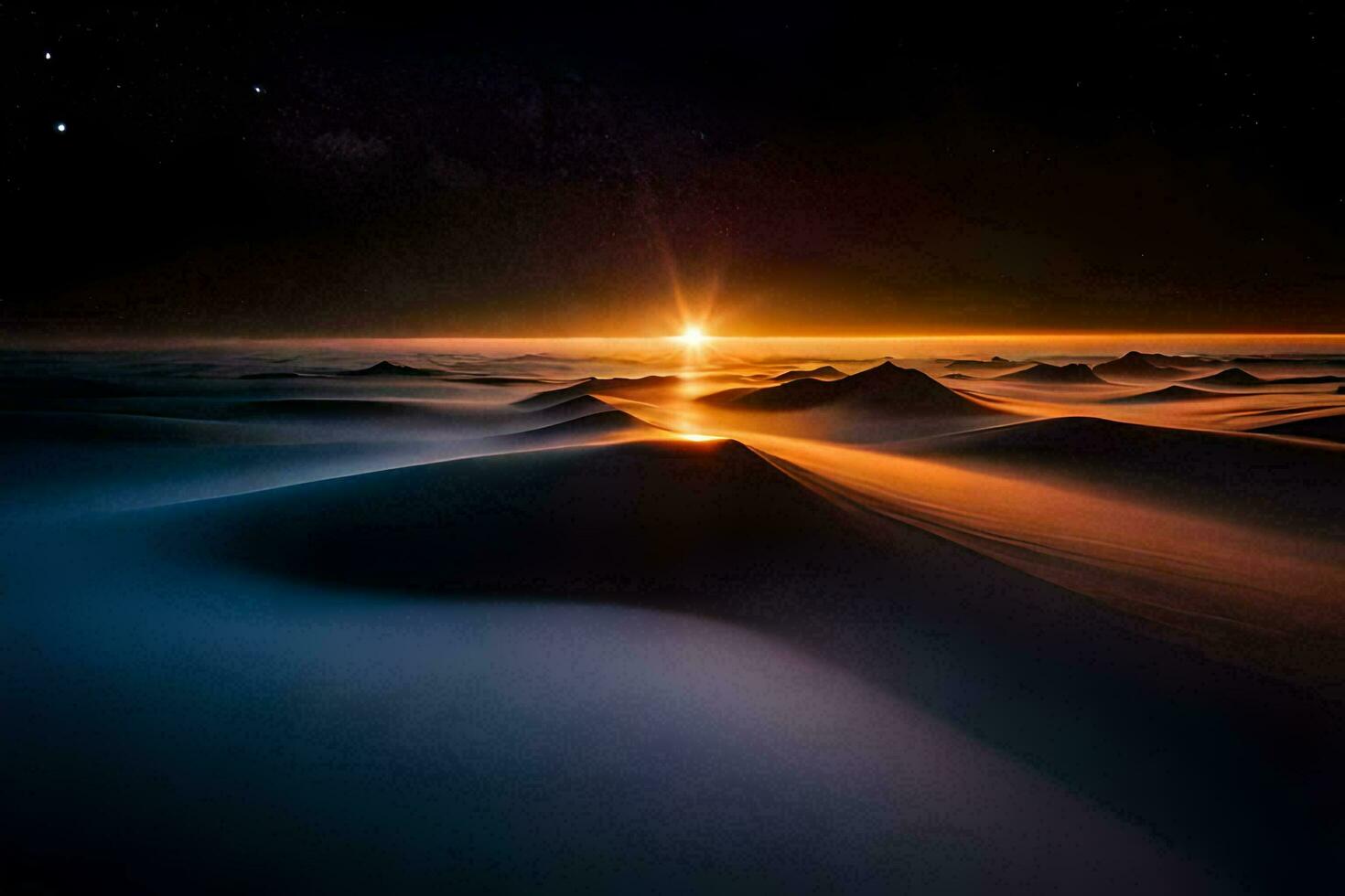 de Sol stiger över de hav och berg. ai-genererad foto