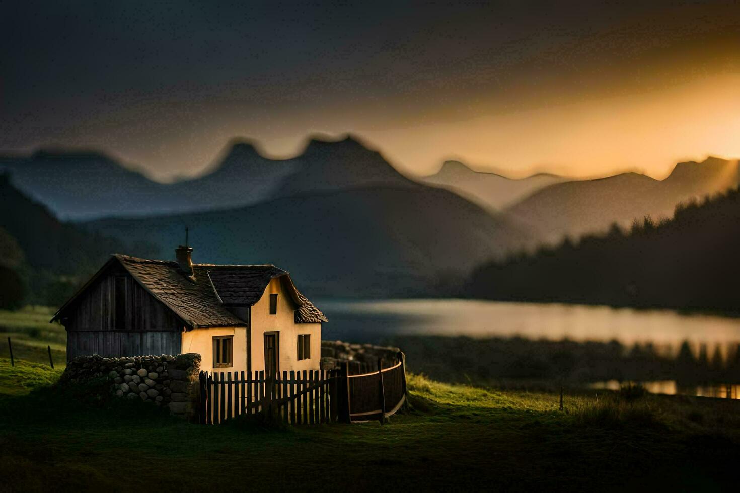 en små hus sitter på en kulle utsikt en sjö och berg. ai-genererad foto