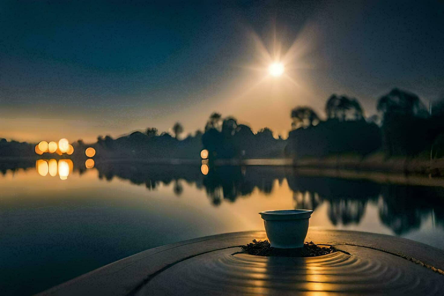 en kopp av kaffe sitter på de kant av en sjö på natt. ai-genererad foto