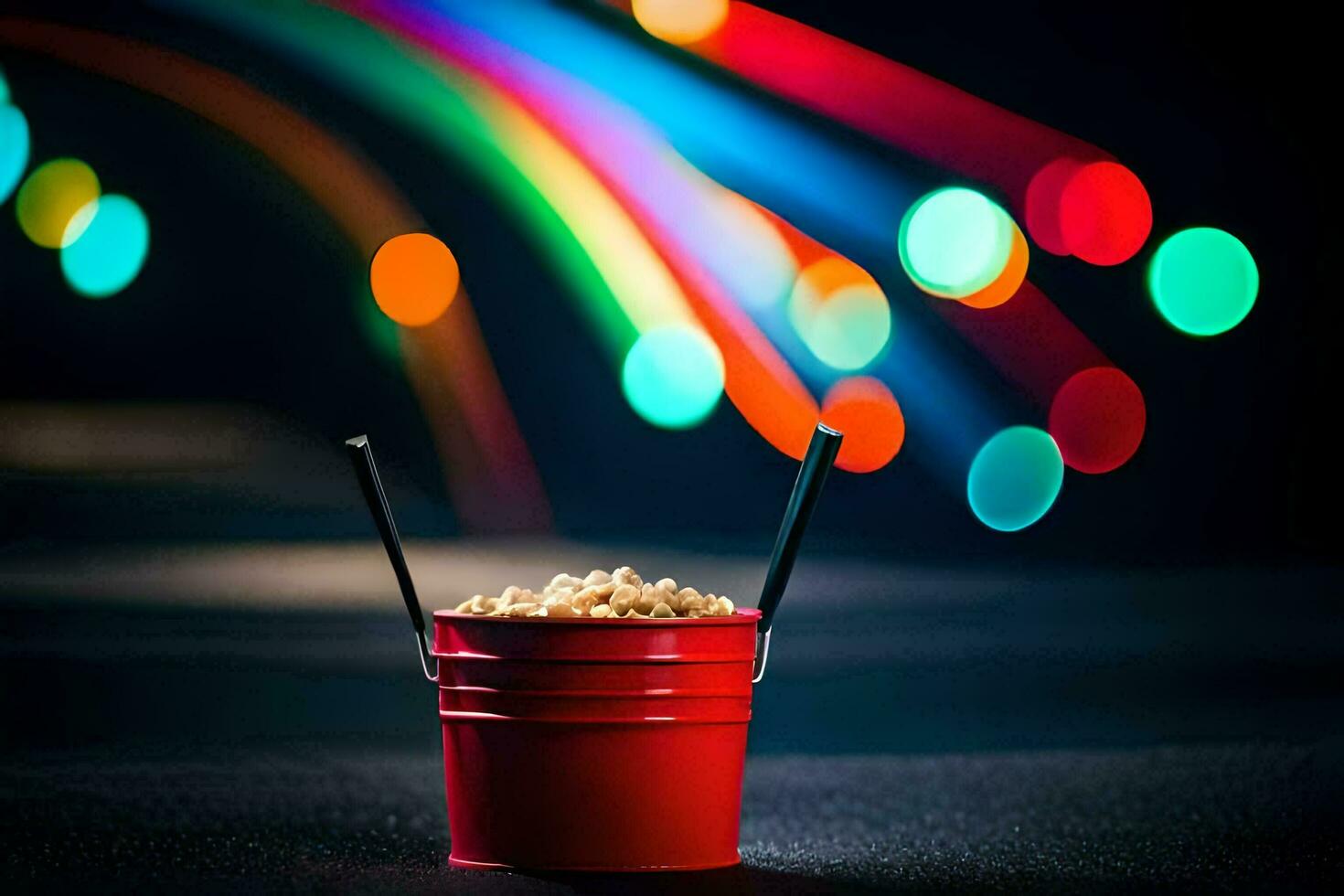 en röd hink med popcorn och en sugrör på en svart bakgrund. ai-genererad foto
