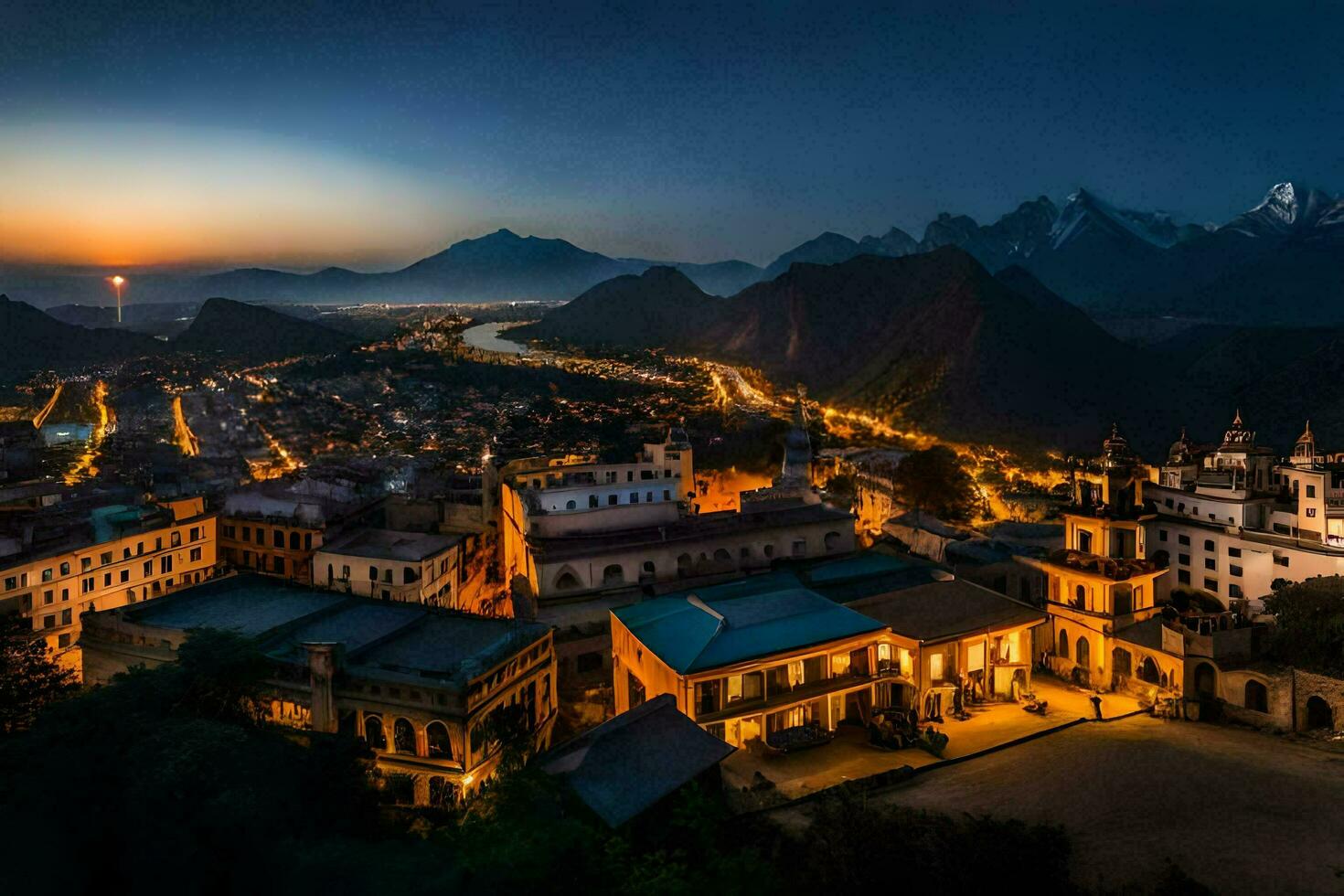 de stad av machu picchu på skymning. ai-genererad foto