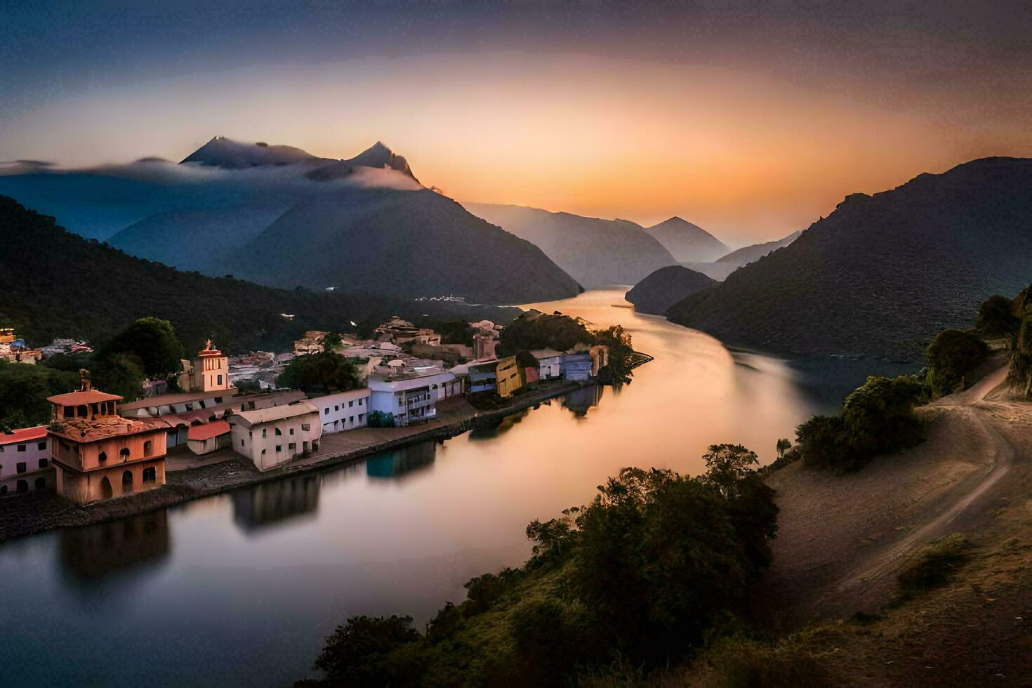 de Sol uppsättningar över en flod i Indien. ai-genererad foto