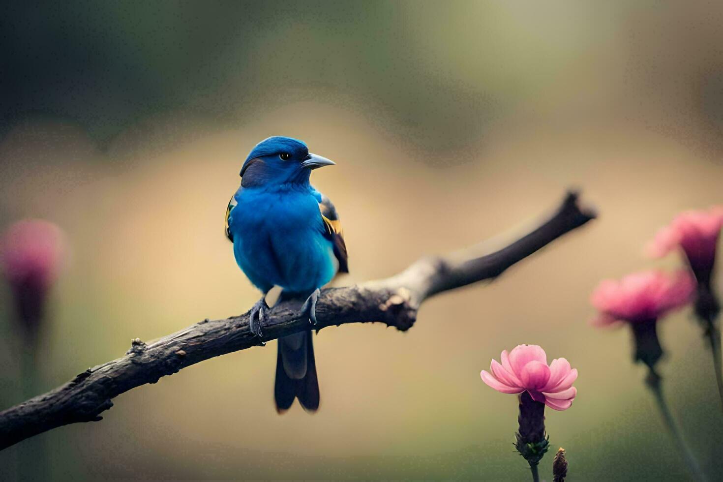 en blå fågel sitter på en gren med rosa blommor. ai-genererad foto