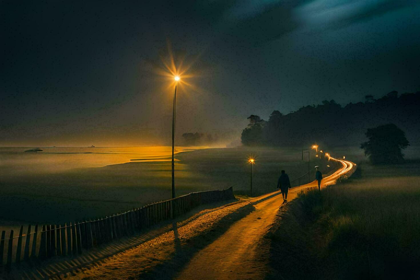 en man promenader ner en väg på natt med en gata ljus. ai-genererad foto