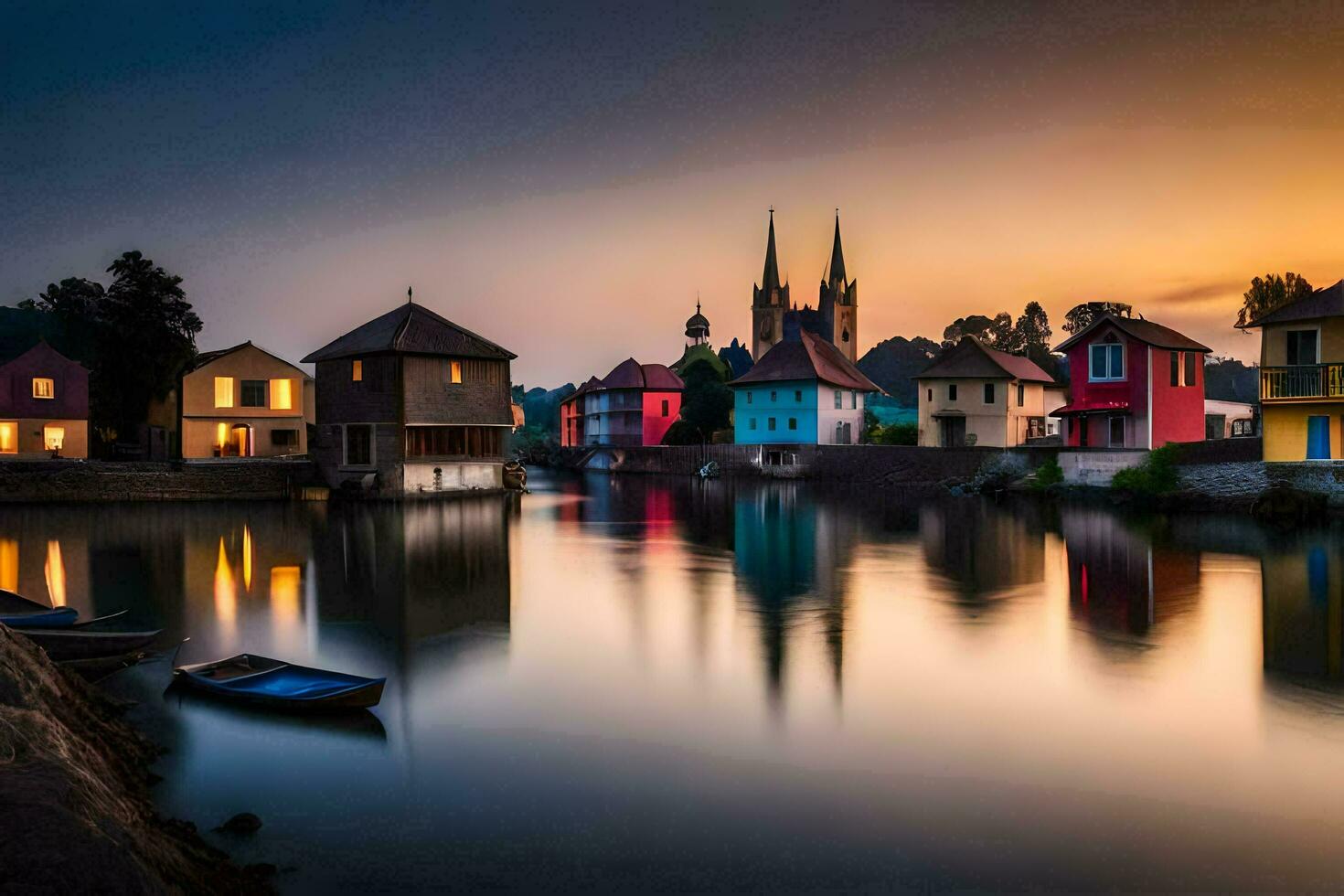 färgrik hus på de vatten på solnedgång. ai-genererad foto