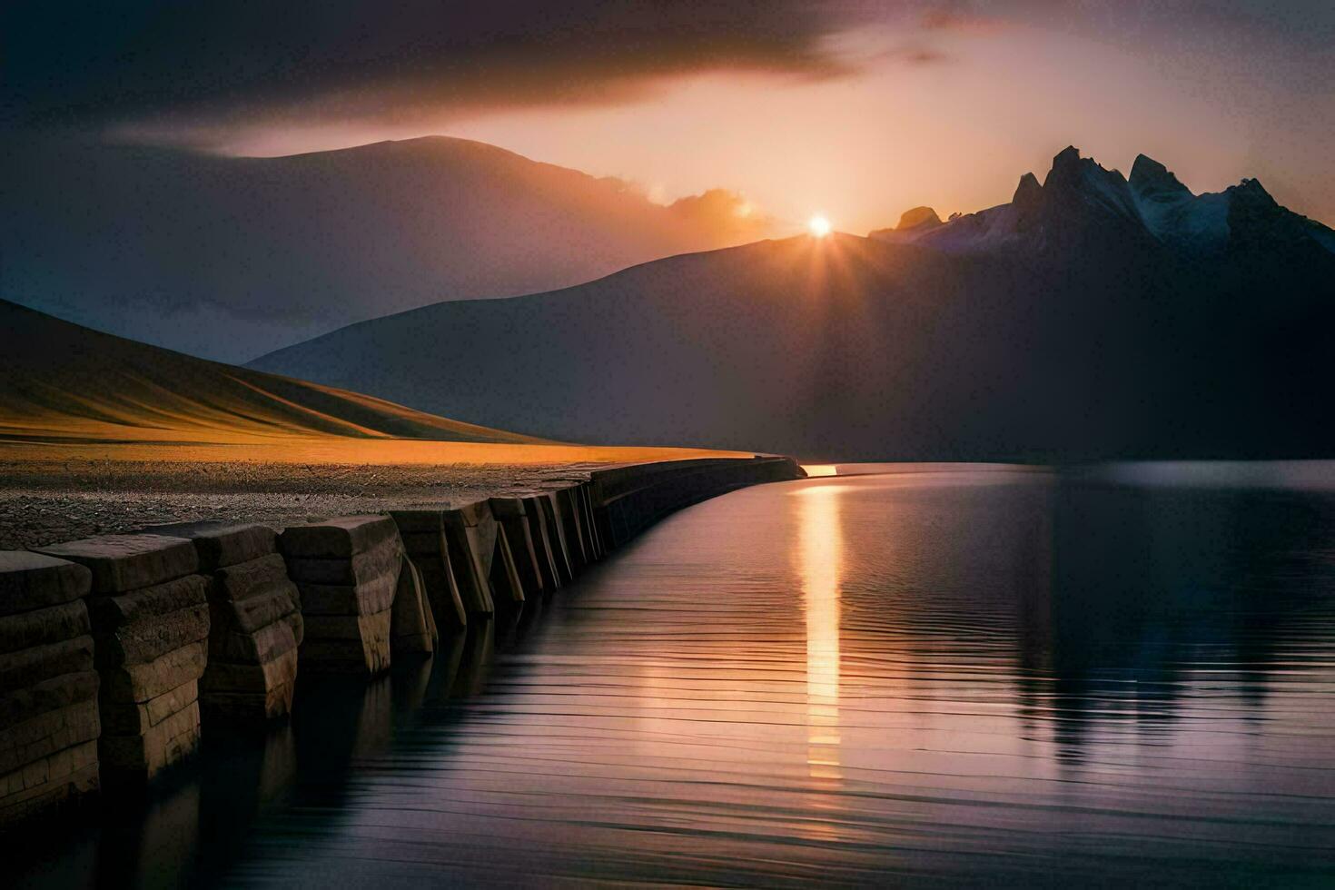 de Sol stiger över en sjö och berg. ai-genererad foto