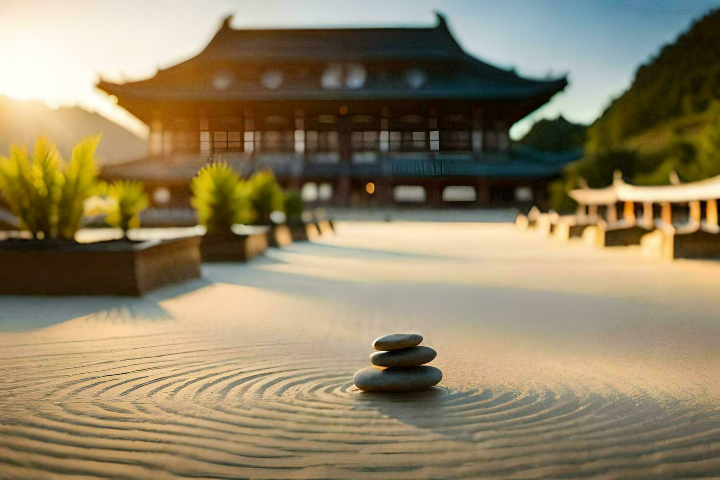 en zen trädgård med stenar i de sand. ai-genererad foto