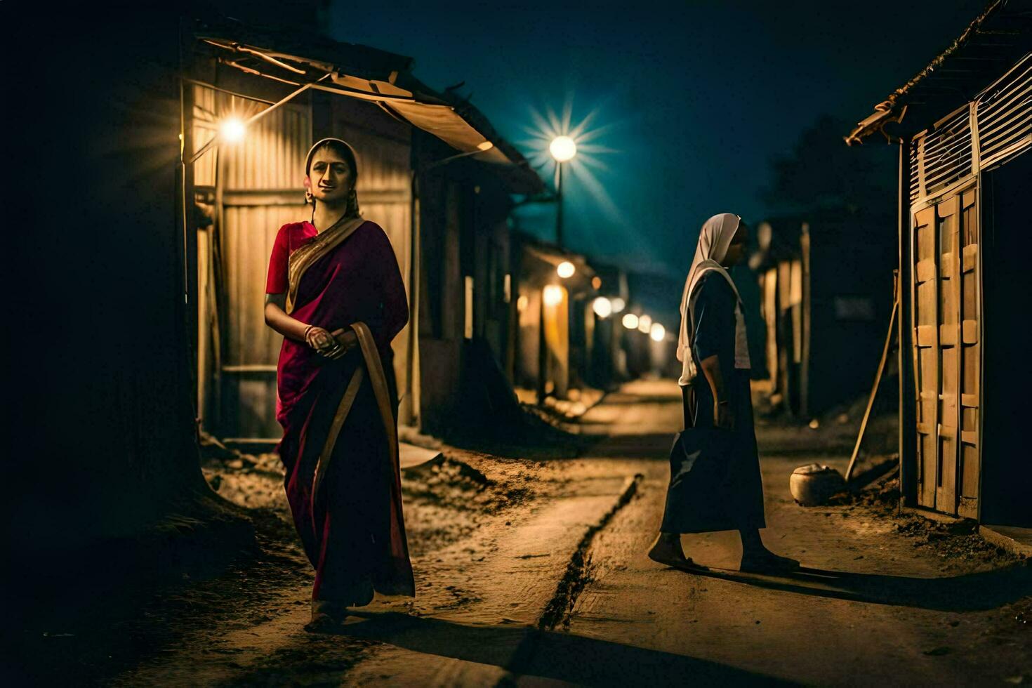 två kvinnor i saris promenad ner en mörk gränd på natt. ai-genererad foto