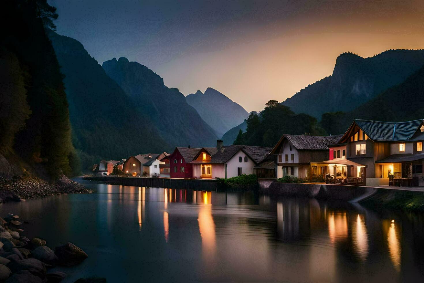 Foto tapet de himmel, berg, flod, hus, de natt, de berg, de flod. ai-genererad