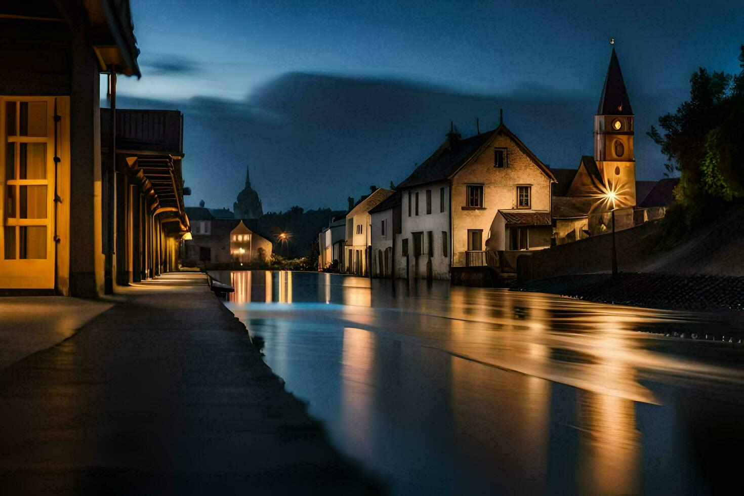 en flod kör genom en stad på natt. ai-genererad foto