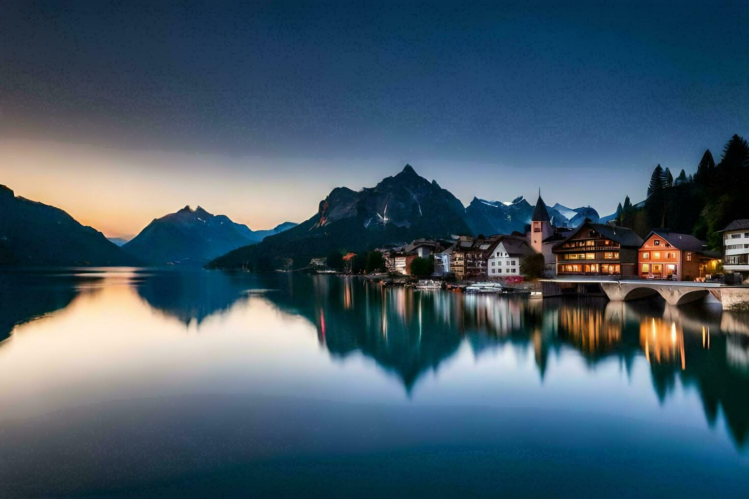 de stad av hallstatt på skymning. ai-genererad foto